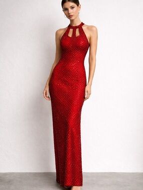 Vintage Y2K Red Silk Beaded Halter Dress Zenith Fashions 1920s Revival Glam 6/XS